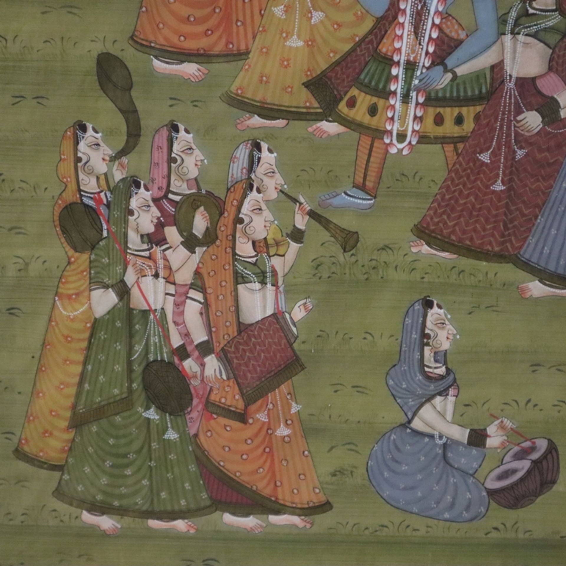 Pichhwai mit fein gemalter Darstellung des Rasalila - Indien, Rajasthan, 20.Jh., Gouache auf Leinen - Image 7 of 12