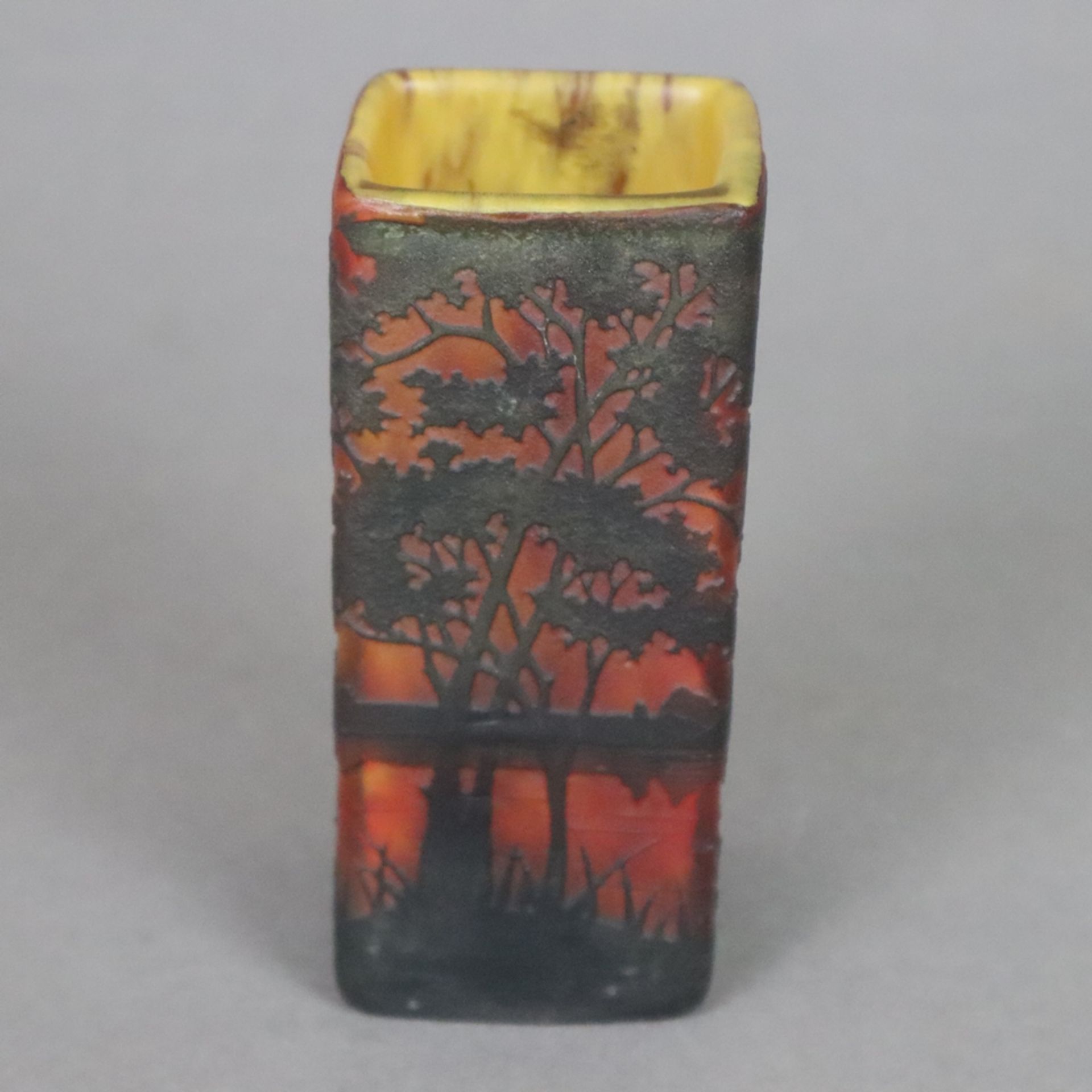 Miniaturvase "Paysage, soleil couchant" - Daum Frères, Nancy, hochrechteckig, Überfangglas, farblos