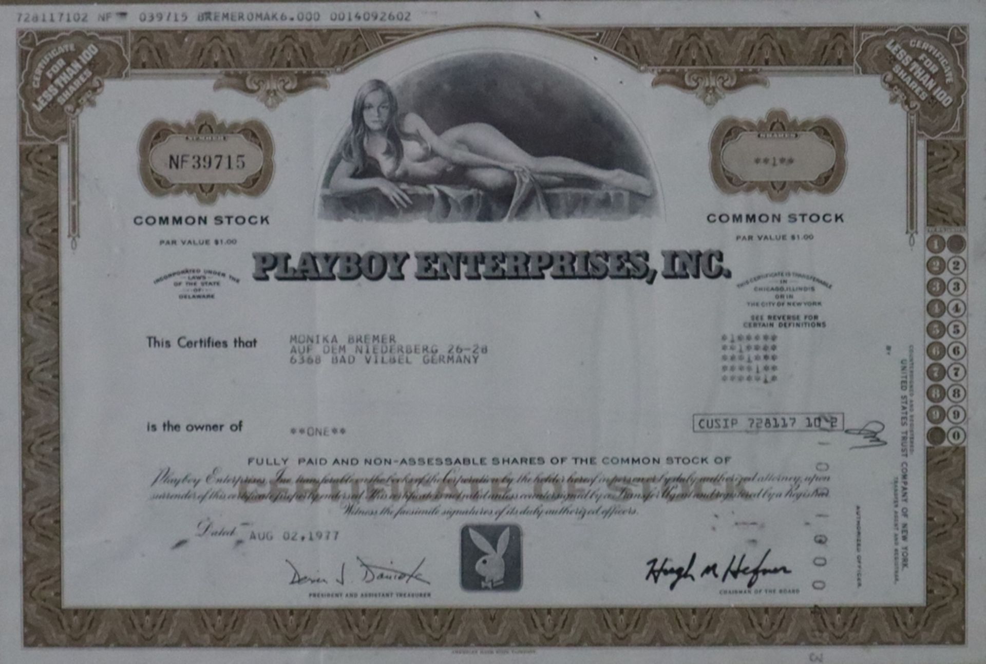 Wertpapier - Playboy Enterprises, Inc. No. NF 39715, datiert 1977, Common Stock, Par Value $1.00, m