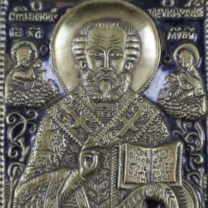 Reiseikone "Hl. Nikolaus" - Russland, 19.Jh., Bronzelegierung, blau-weiß emailliert, Bildfeld mit r - Image 3 of 9