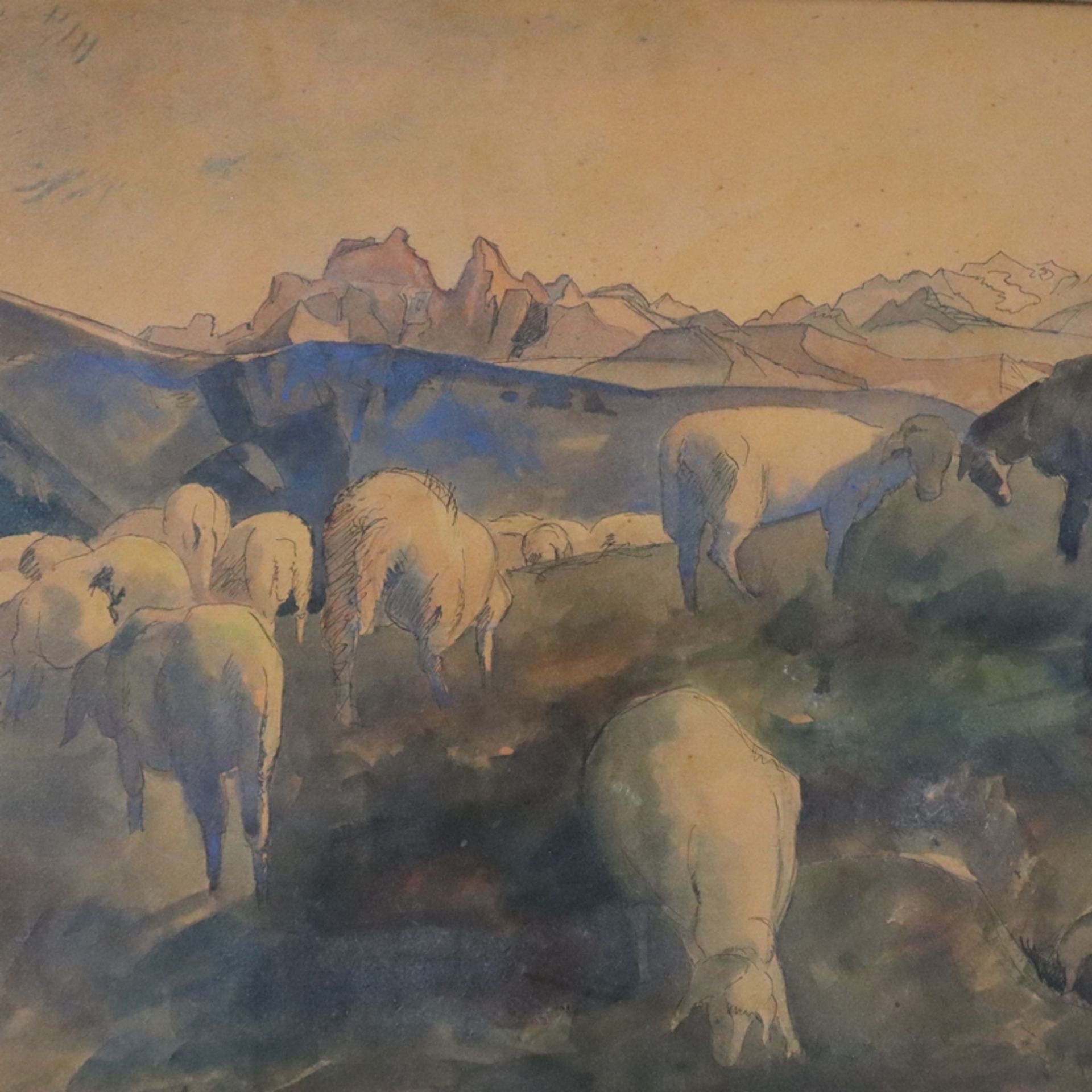 Mayer-Marton, Georg (1897Györ - 1960 Liverpool) - "Berglandschaft mit Schafherde", 1945, Mischtechn - Image 3 of 11