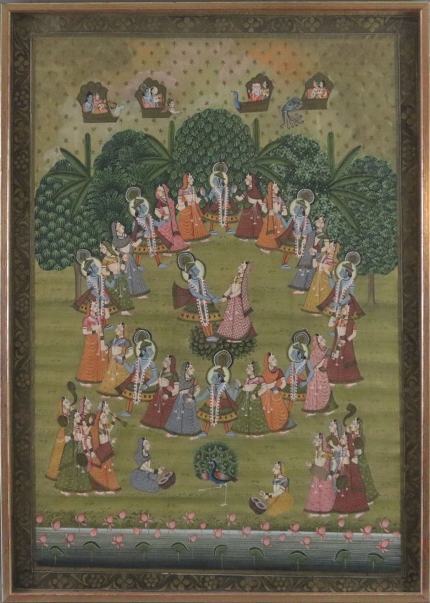 Pichhwai mit fein gemalter Darstellung des Rasalila - Indien, Rajasthan, 20.Jh., Gouache auf Leinen