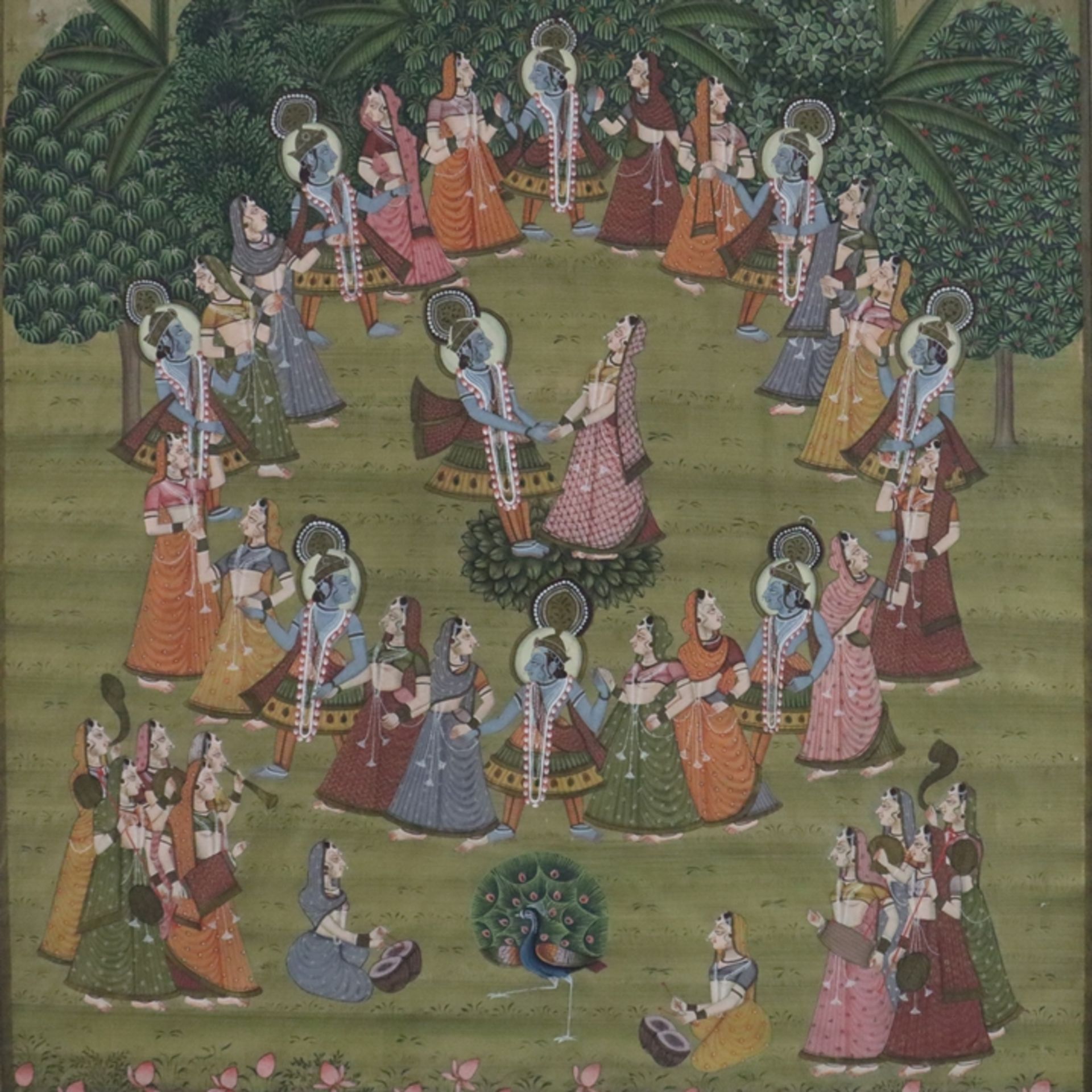 Pichhwai mit fein gemalter Darstellung des Rasalila - Indien, Rajasthan, 20.Jh., Gouache auf Leinen - Image 3 of 12