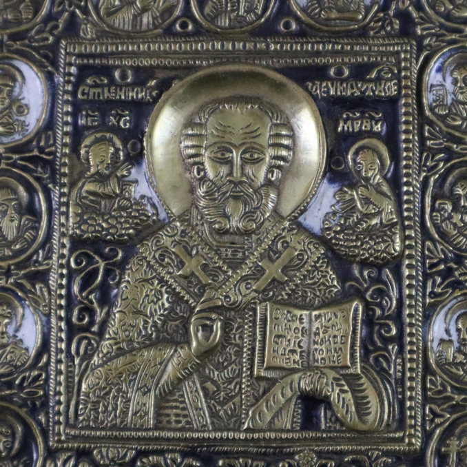 Reiseikone "Hl. Nikolaus" - Russland, 19.Jh., Bronzelegierung, blau-weiß emailliert, Bildfeld mit r - Image 2 of 9