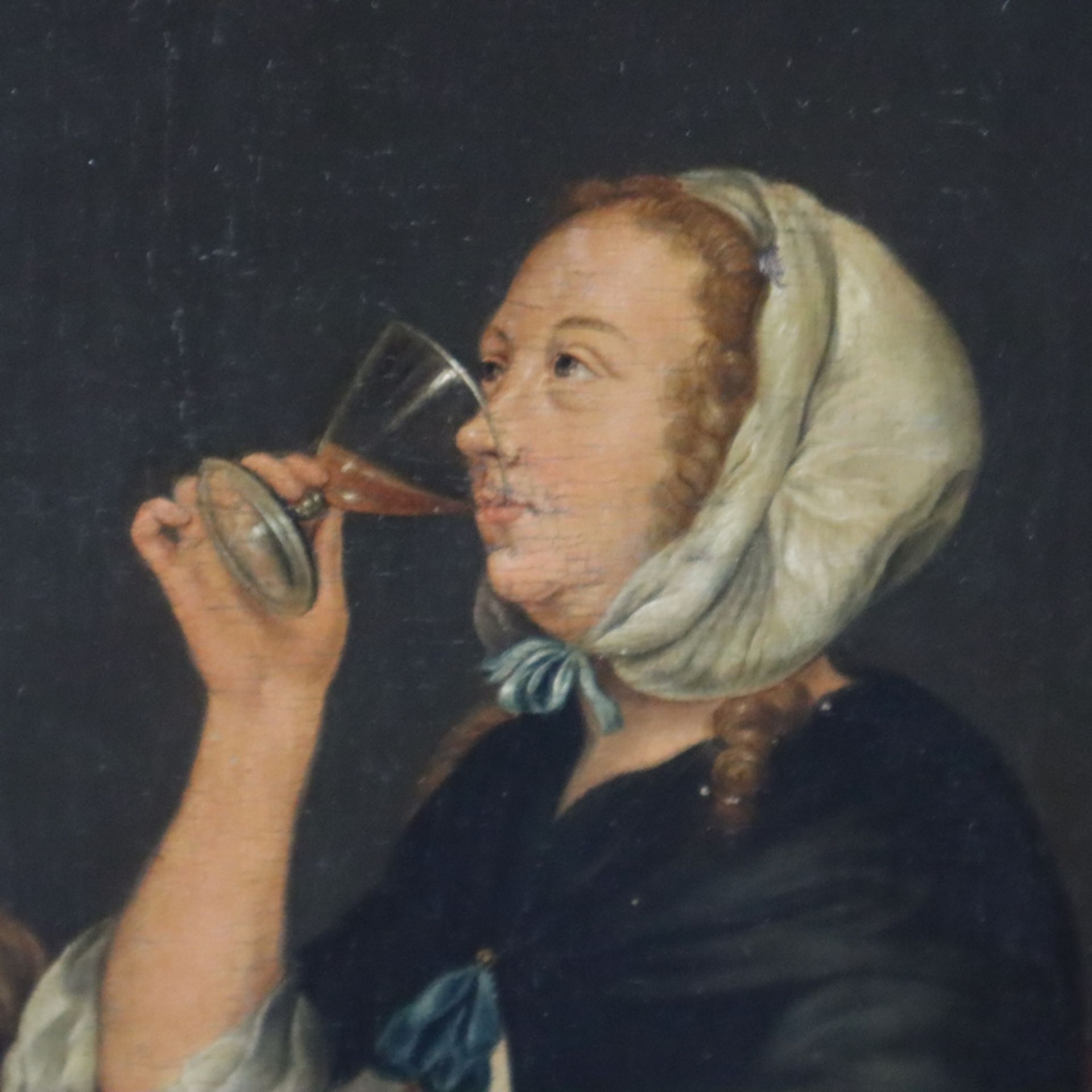 Genremaler / Kopist -ca.19.Jh.- Genreszene mit Wein trinkender junger Frau sowie im Vollrausch eing - Bild 4 aus 9