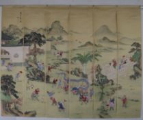 Chinesisches Panoramabild aus 6 Bildrollen -20.Jh.- Landschaftspanorama mit spielenden Knaben, Tusc
