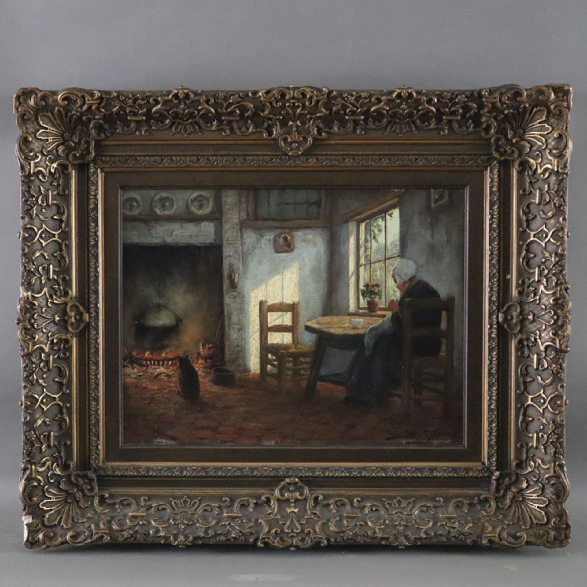 Rossum, Jacob Van (1881 Den Haag - Rijswijk 1963) - Interieur mit Näherin, Öl auf Leinwand, unten r - Image 2 of 10