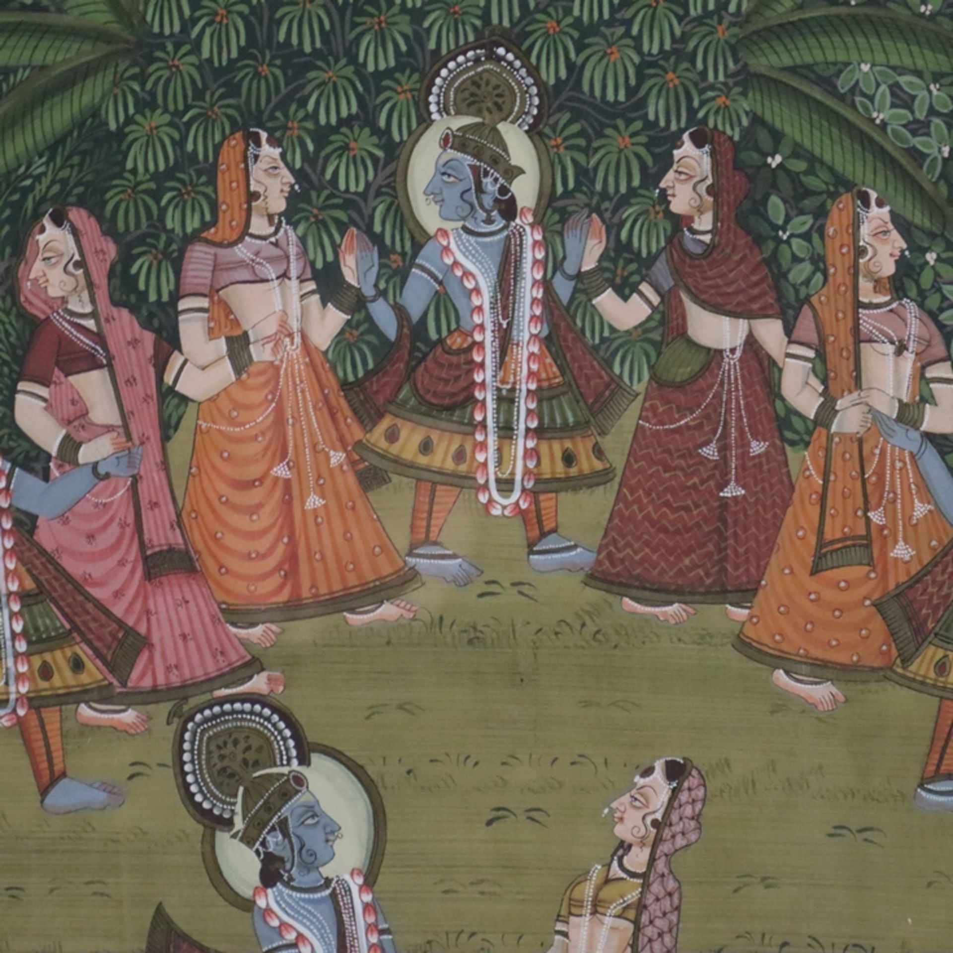 Pichhwai mit fein gemalter Darstellung des Rasalila - Indien, Rajasthan, 20.Jh., Gouache auf Leinen - Bild 5 aus 12