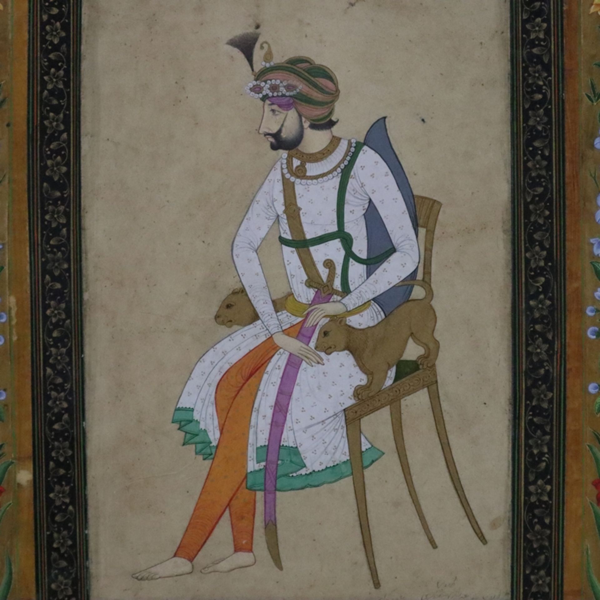 Indische Miniaturmalerei im Stil der Mogul-Zeit -- Indien, nach 1900, Portrait eines Schahs in Voll - Image 3 of 7