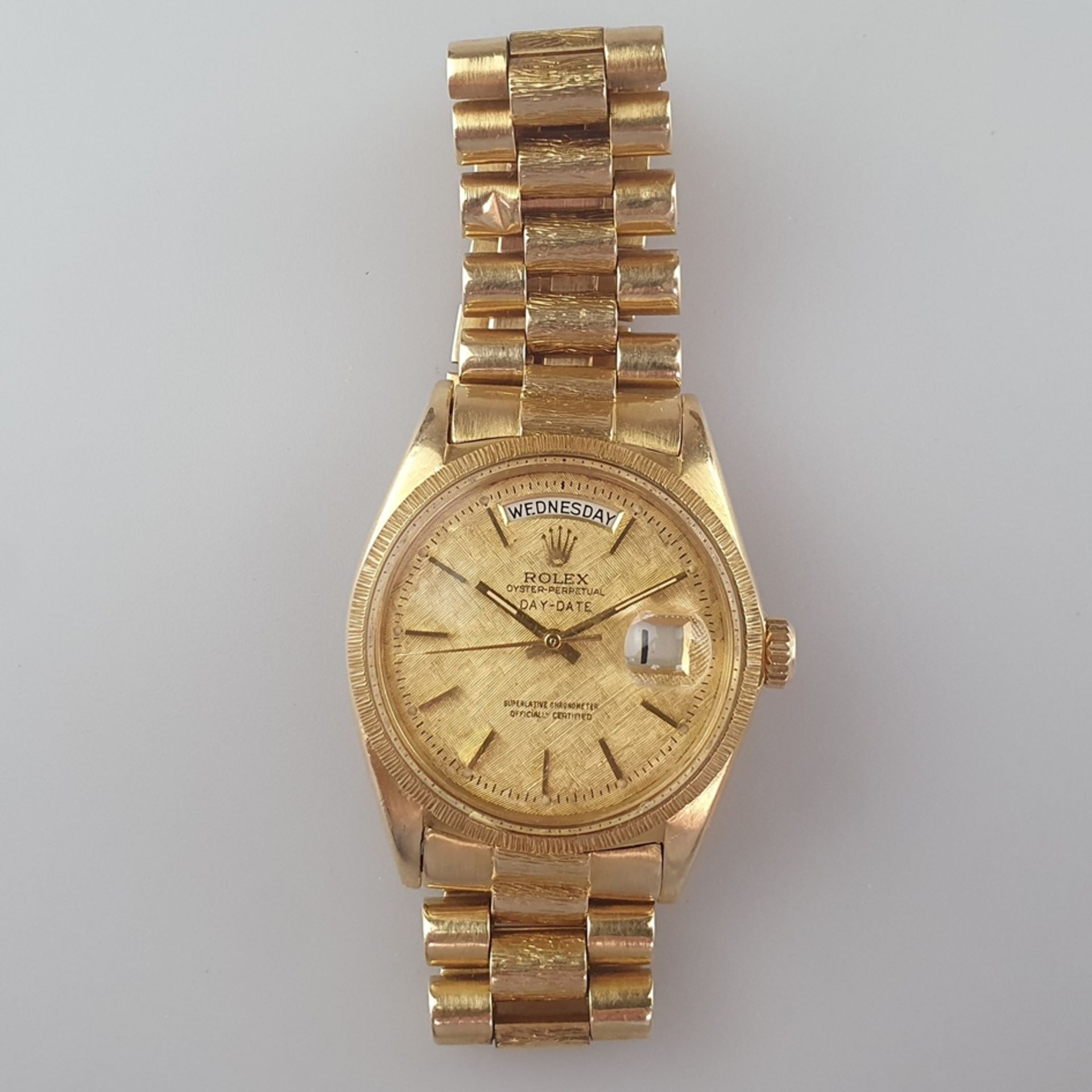 Rolex-Herrenarmbanduhr - "Day-Date", Gehäuse 18K-Gelbgold , 1807 Borke, Automatik, goldfarbenes Zif