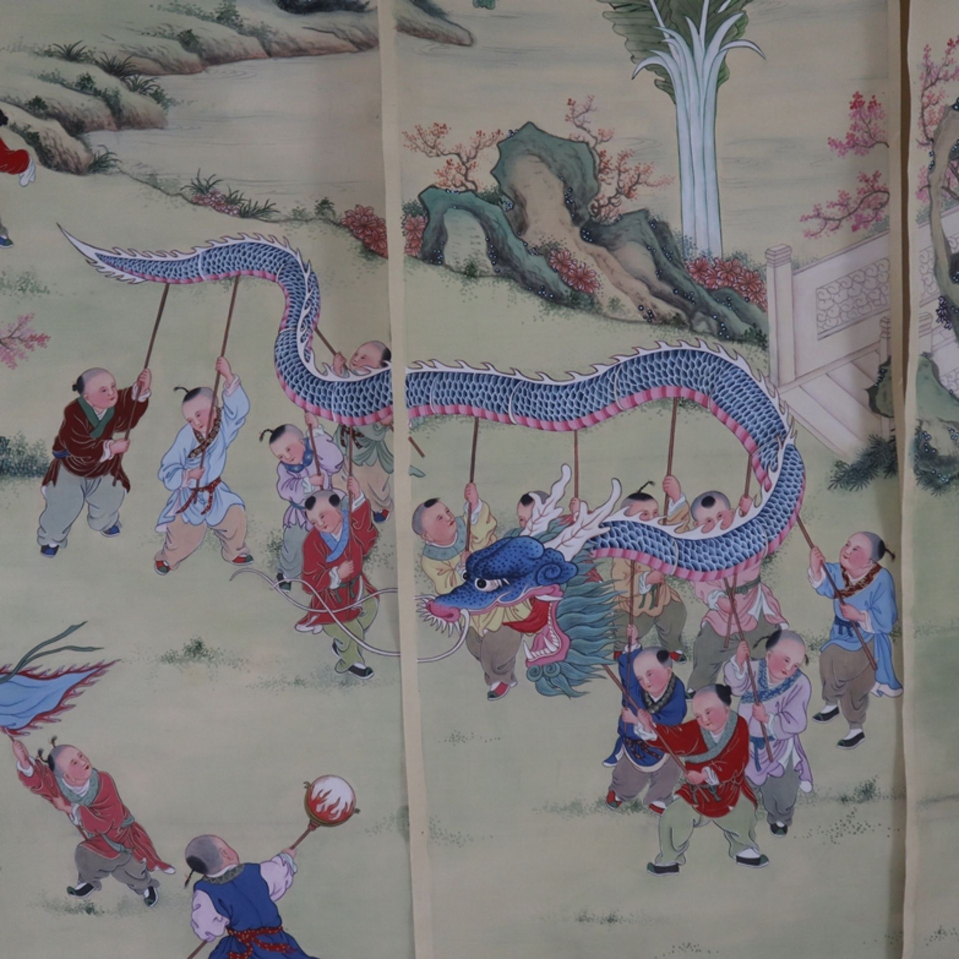 Chinesisches Panoramabild aus 6 Bildrollen -20.Jh.- Landschaftspanorama mit spielenden Knaben, Tusc - Image 7 of 12