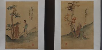 Zwei chinesische Rollbilder - Figürliche Darstellungen unter Bäumen, Tusche und leichte Farben auf 