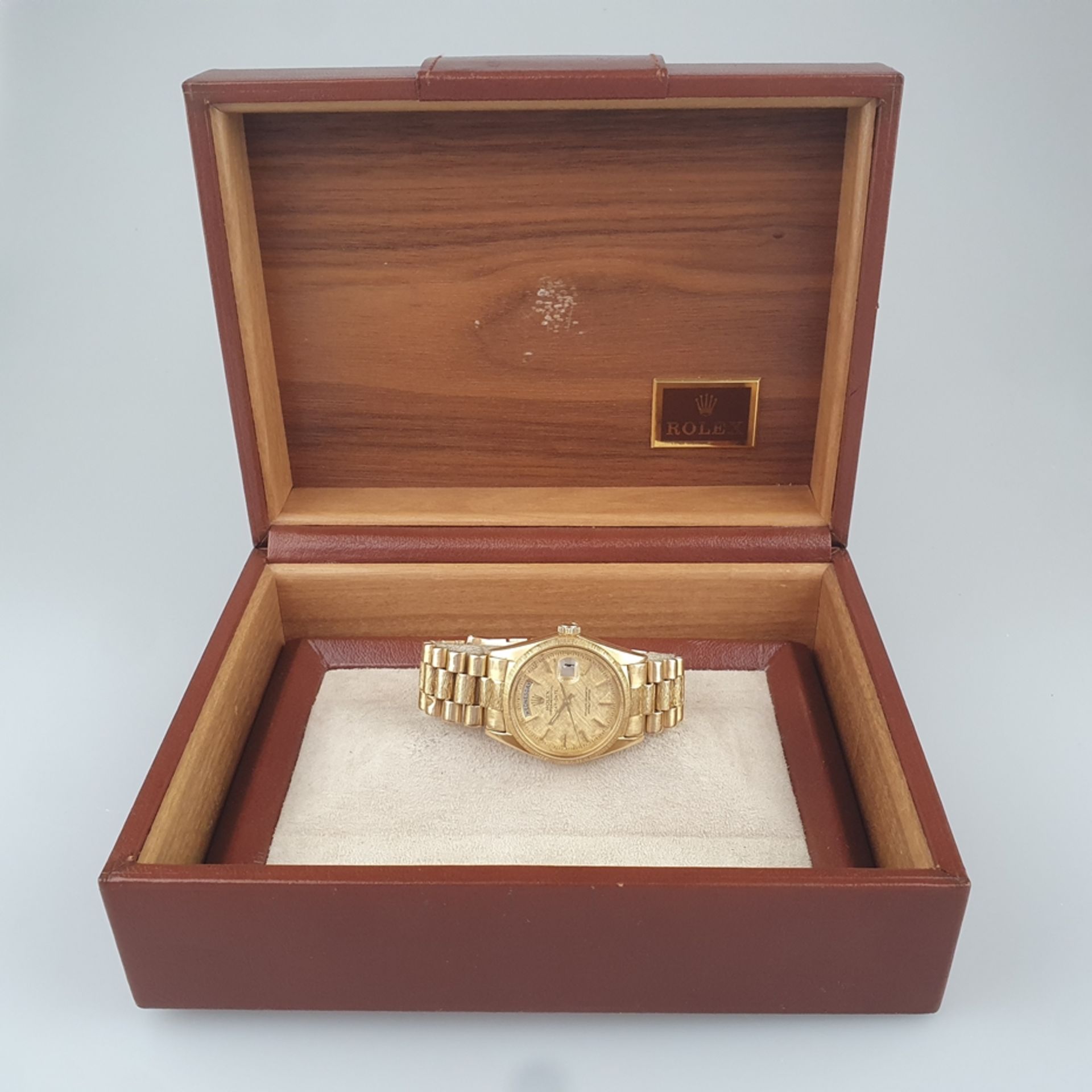 Rolex-Herrenarmbanduhr - "Day-Date", Gehäuse 18K-Gelbgold , 1807 Borke, Automatik, goldfarbenes Zif - Image 8 of 9