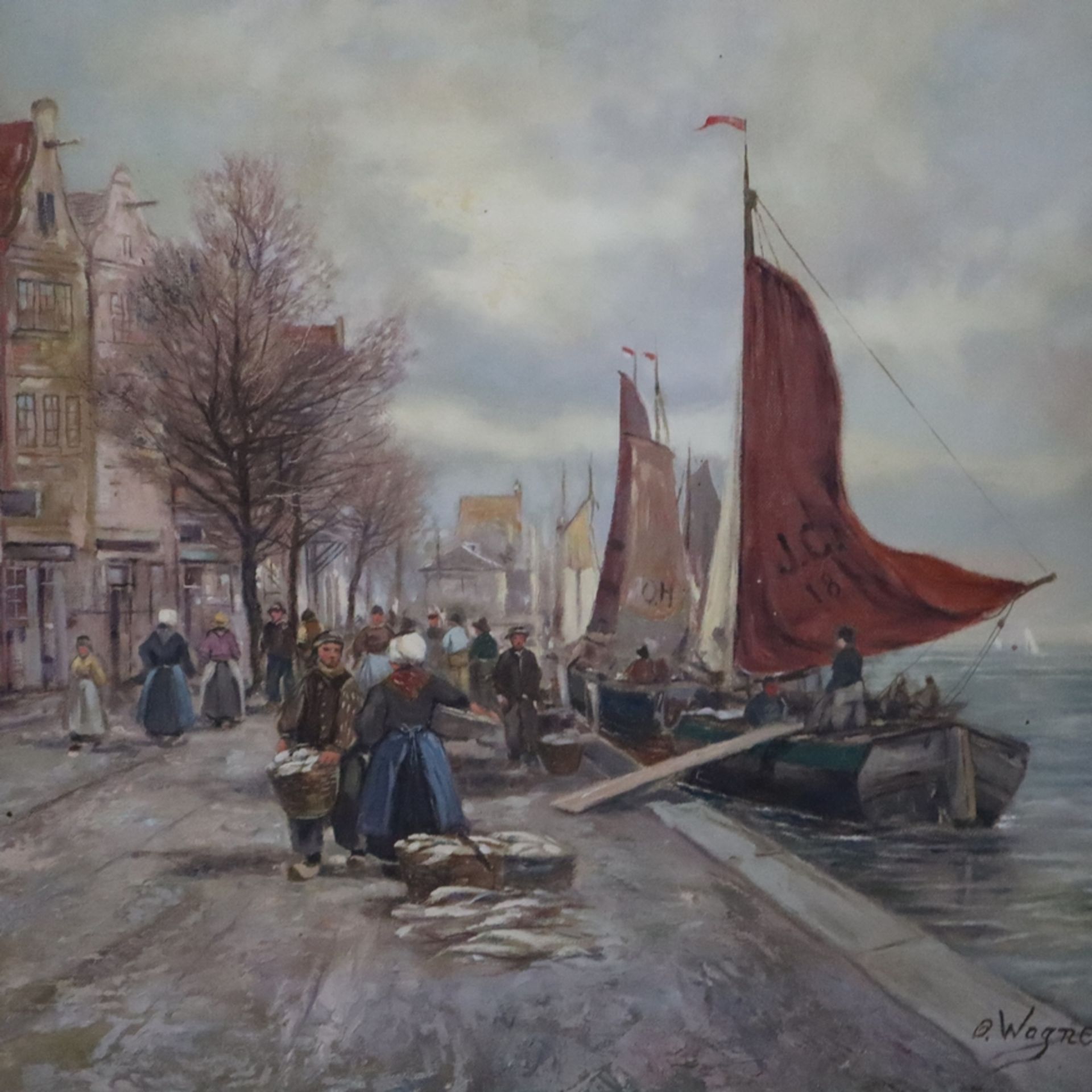 Wagner, O. - 2.Hälfte 20.Jh.- Amsterdamer Hafenszene mit Fischmarkt, Öl auf Leinwand, rechts unten  - Bild 3 aus 11