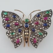 Prunkvolle Schmetterlingsbrosche - um 1920, naturalistisch gearbeitet, Gold-/Silberlegierung, ausge