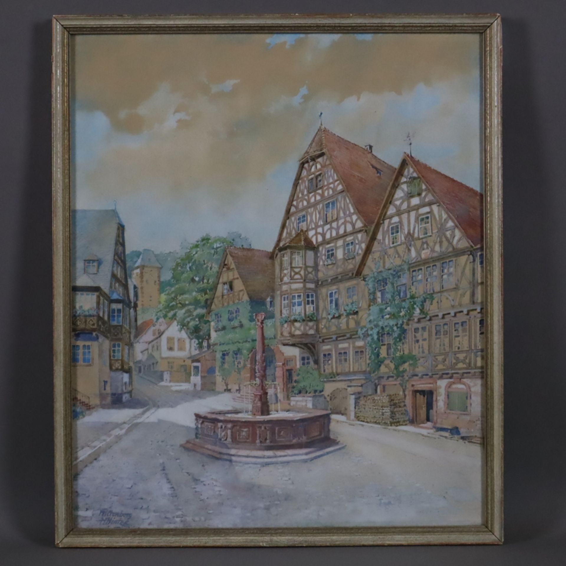 Hintze, H. (20.Jh.) - "Miltenberg", Ansicht von dem alten Marktplatz in Miltenberg, Aquarell auf Pa - Image 8 of 8
