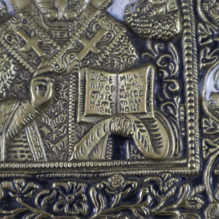 Reiseikone "Hl. Nikolaus" - Russland, 19.Jh., Bronzelegierung, blau-weiß emailliert, Bildfeld mit r - Image 8 of 9