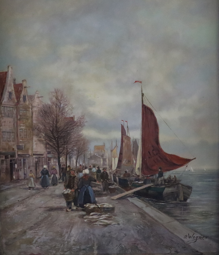 Wagner, O. - 2.Hälfte 20.Jh.- Amsterdamer Hafenszene mit Fischmarkt, Öl auf Leinwand, rechts unten