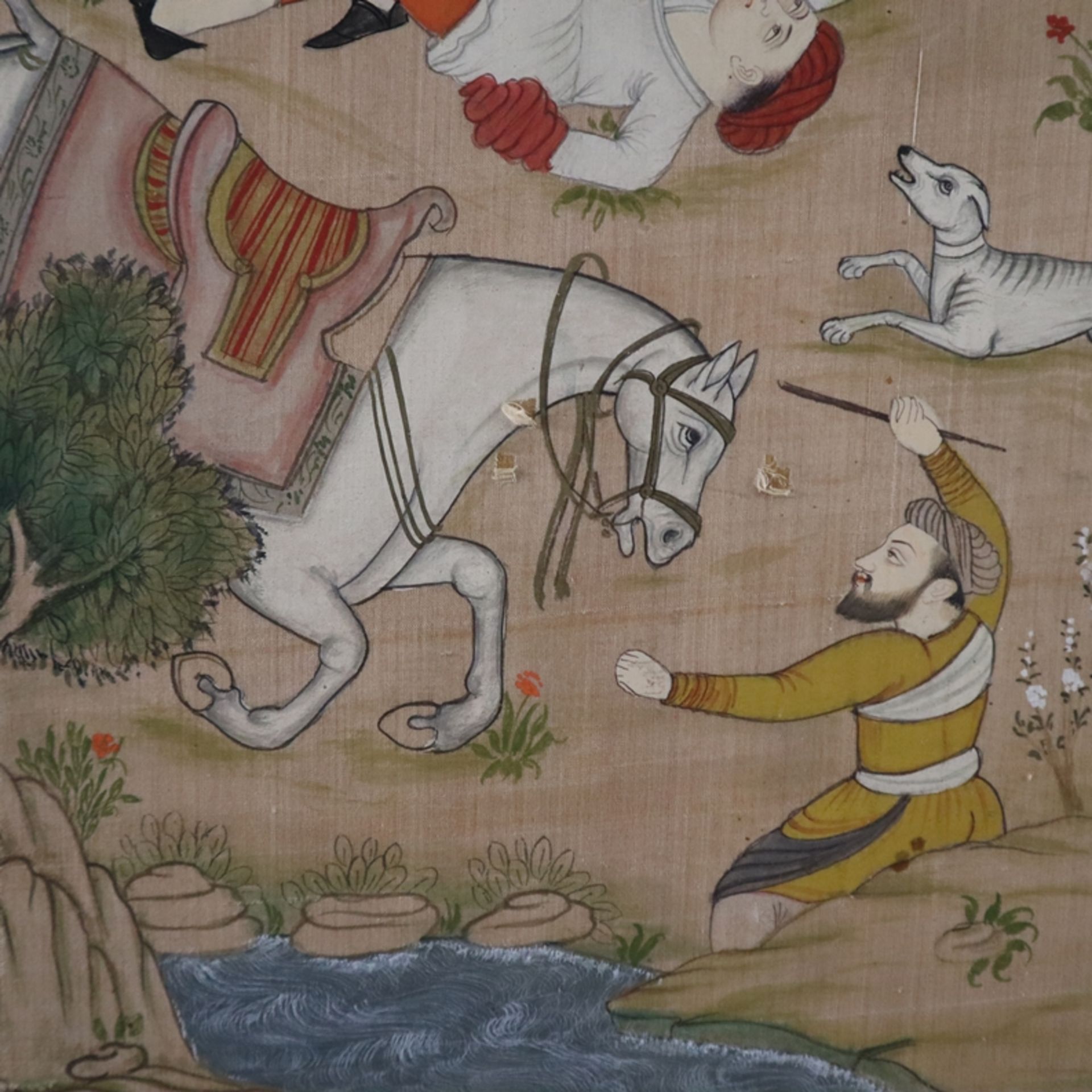 Indopersische Malerei - 20. Jh., vielfigurige Löwenjagdszene mit Elefanten- und Pferdereitern, Jäge - Bild 11 aus 12
