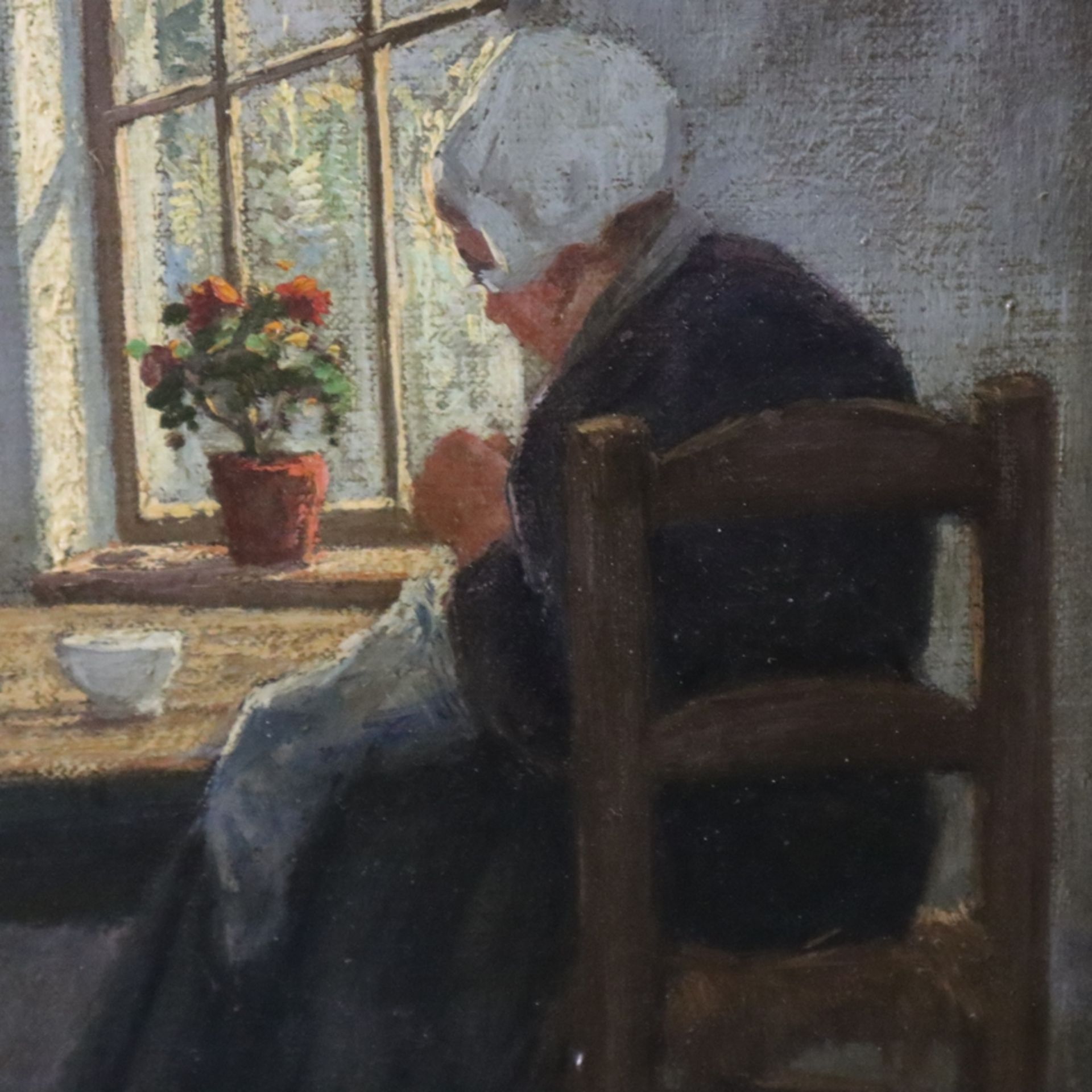 Rossum, Jacob Van (1881 Den Haag - Rijswijk 1963) - Interieur mit Näherin, Öl auf Leinwand, unten r - Image 4 of 10