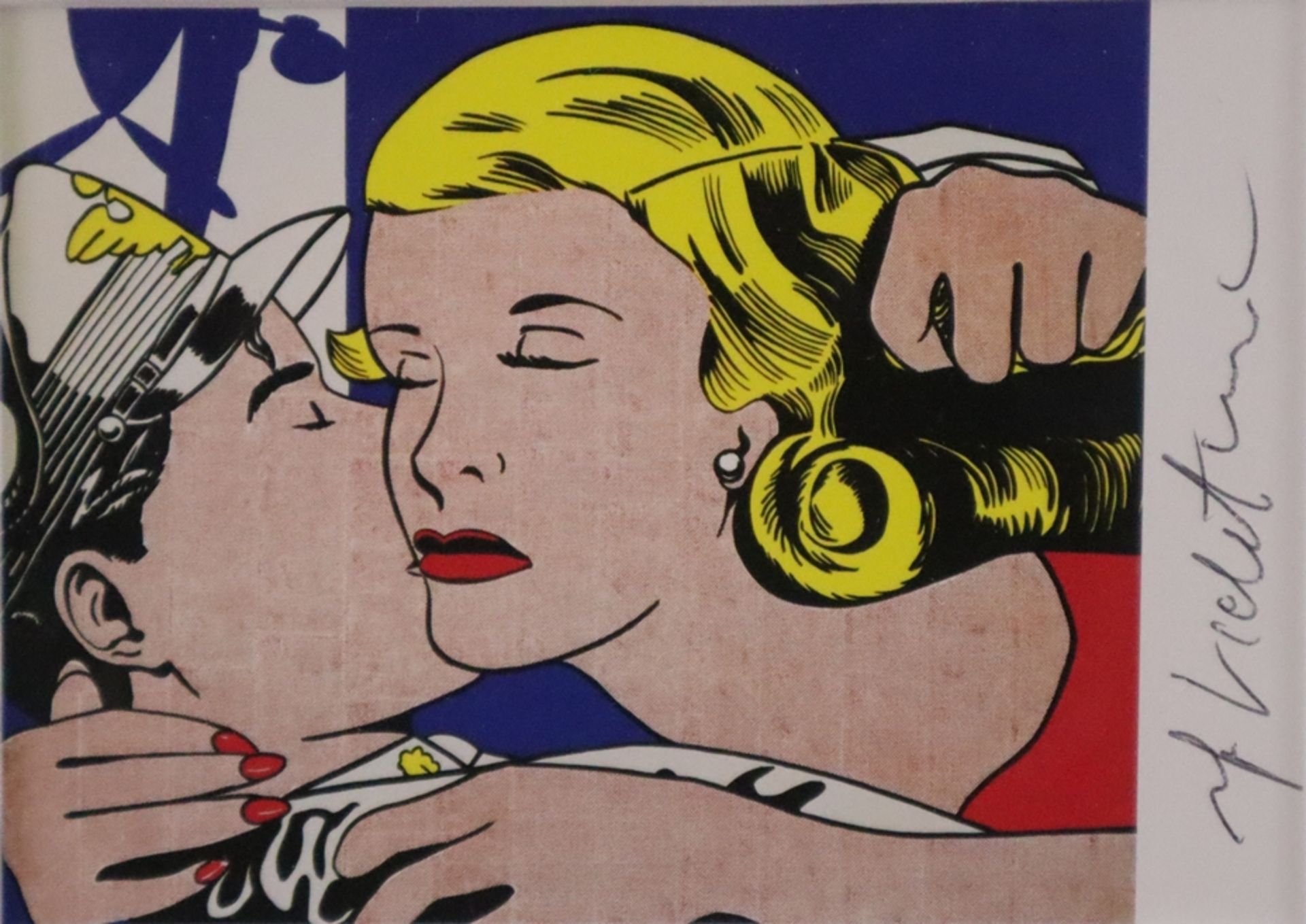 Lichtenstein, Roy (1923 - New York - 1997) - "The Kiss" (1962), handsignierte Kunstpostkarte, Multi