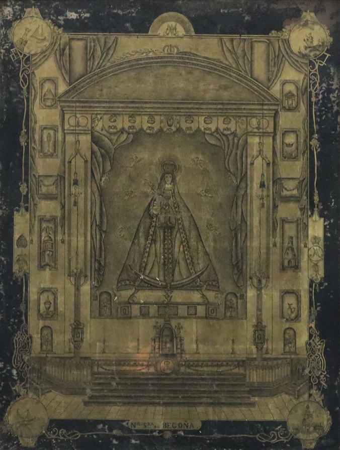 Hinterglasbild "Nuestra Señora de Begoña" - 19. Jh., Blattgoldauflage mit schwarz-schraffierten Kon
