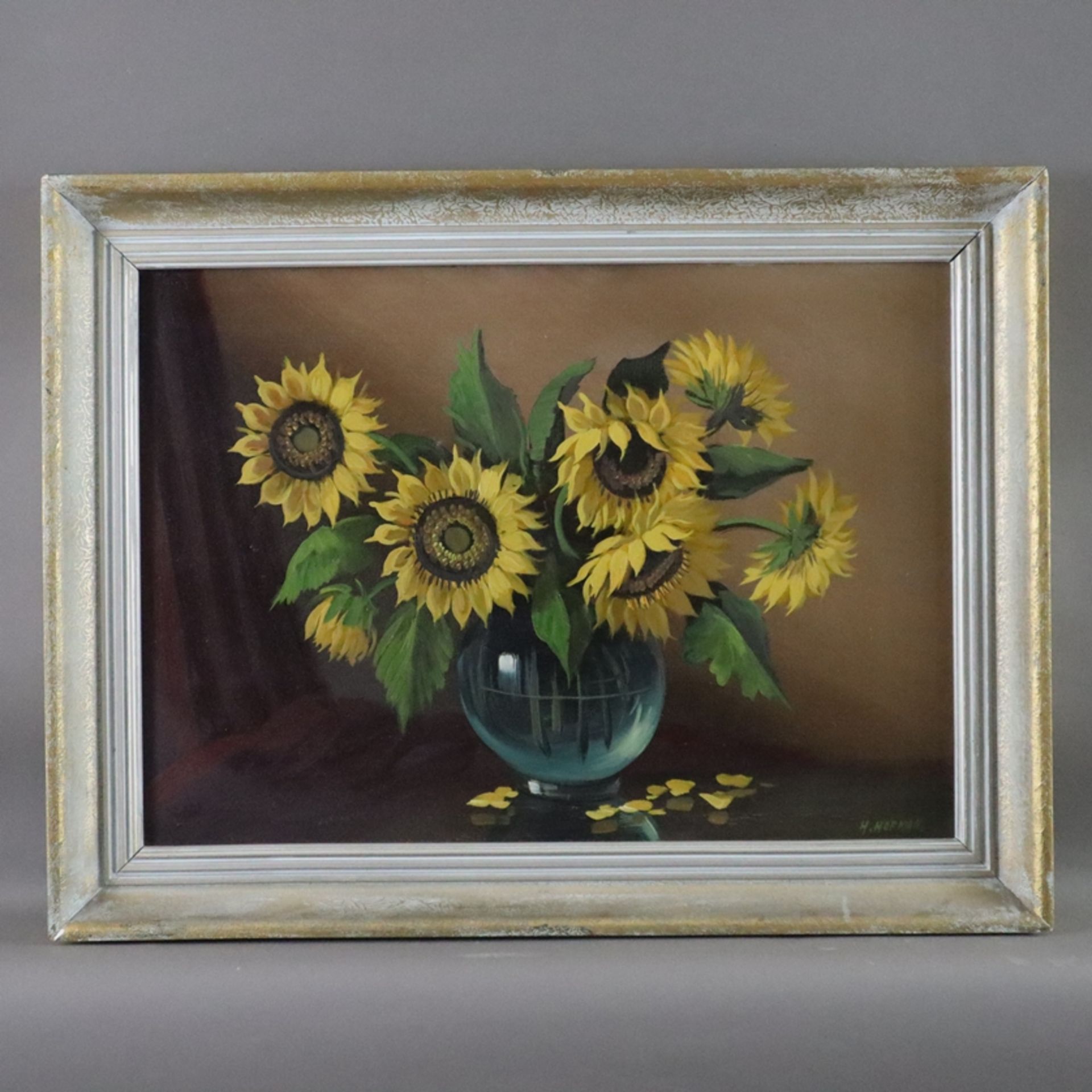 Hofman, H. - Sonnenblumen in Glasvase, Öl auf Leinwand, rechts unten signiert, ca. 50 x 70 cm, mit  - Bild 2 aus 8