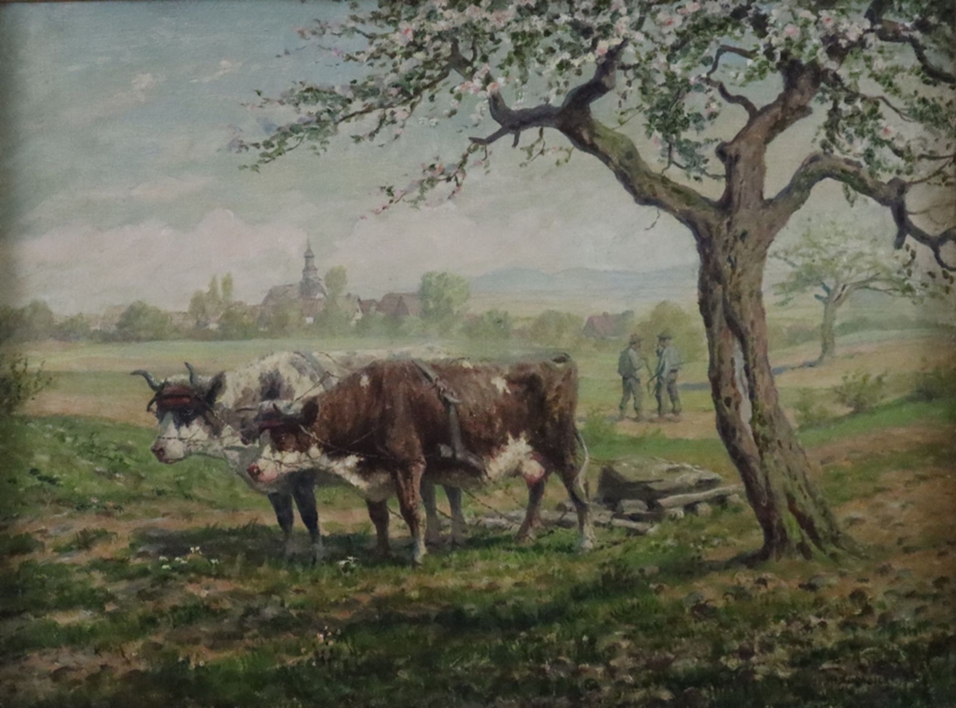 Luckhardt, Karl (1886 - Frankfurt a.M.- 1970) - Kuhgespann sowie zwei Bauern im Gespräch unter blüh