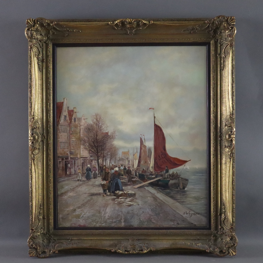 Wagner, O. - 2.Hälfte 20.Jh.- Amsterdamer Hafenszene mit Fischmarkt, Öl auf Leinwand, rechts unten - Image 2 of 11