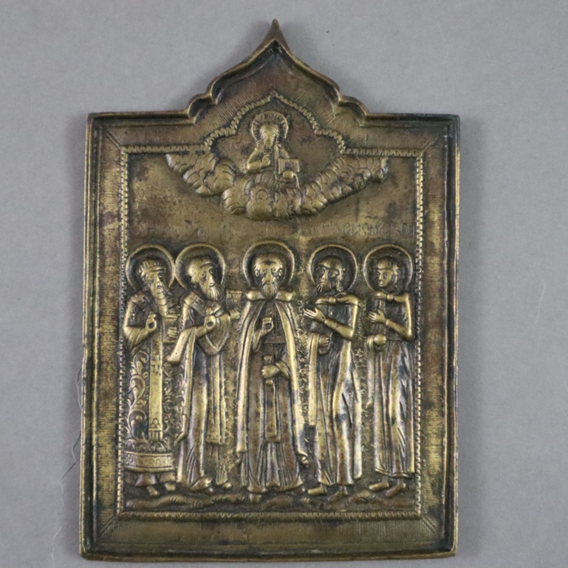 Reiseikone mit fünf Heiligen - Russland, 19.Jh., Bronzelegierung, rechteckige Form mit zwiebelturma