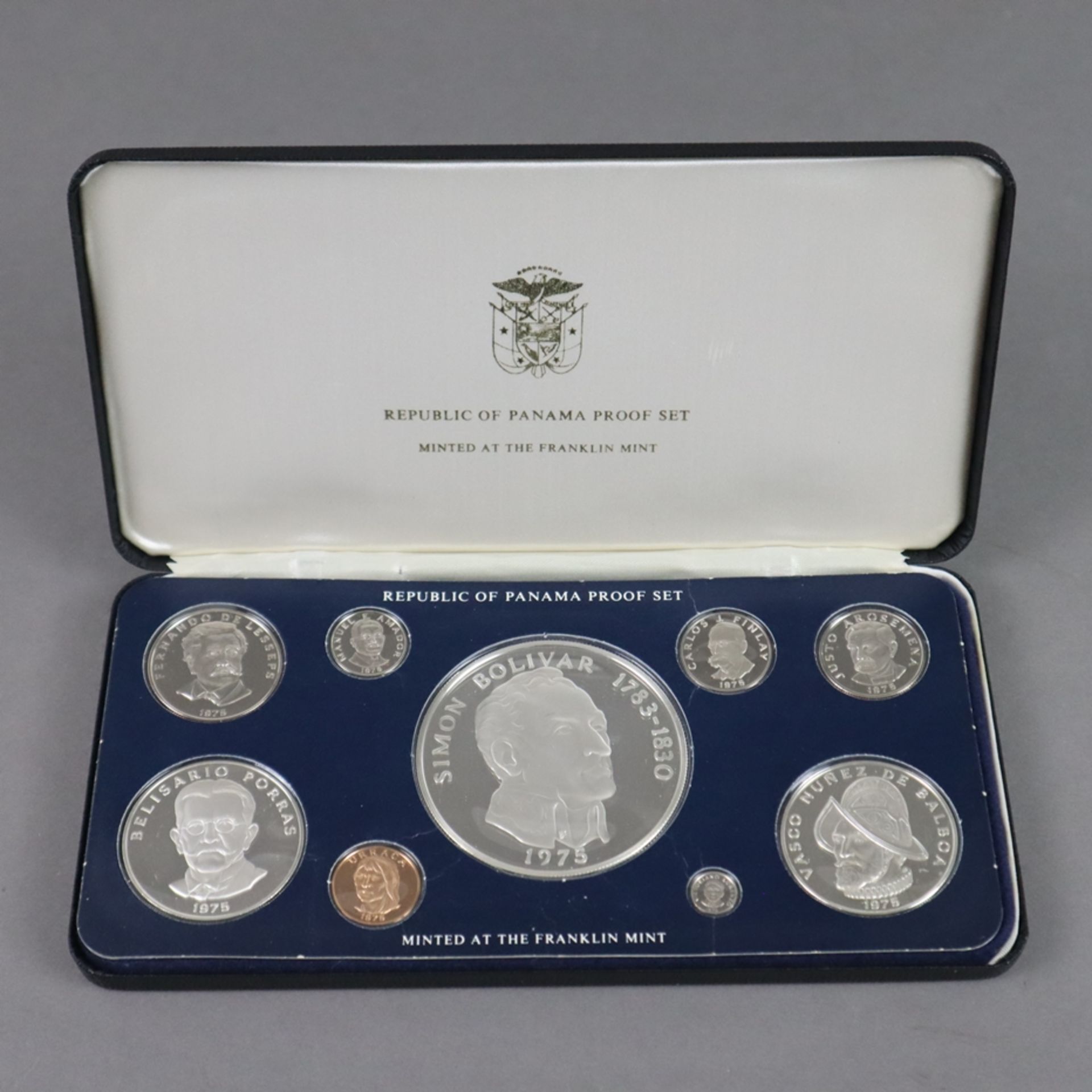 Münzset Republik of Panama 1975 - 925er Silber, Republik Of Panama Proof Set, Franklin Mint, 9 Münz