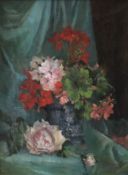 Dumarc Roy, P. -Ende 19.Jh.- Stillleben mit Geranientopf und Rosenblüten, Öl auf Leinwand, rechts u
