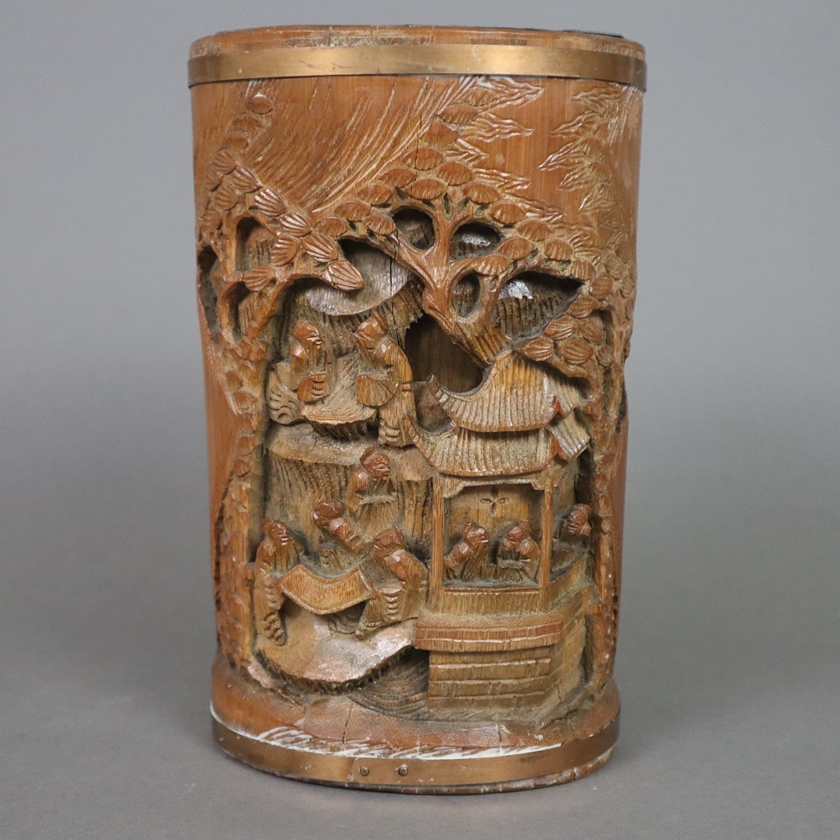 Ein Paar große Pinselhalter - China 1. Hälfte 20. Jh., Bambus, zylindrische Form, beschnitzt, schau - Image 5 of 10