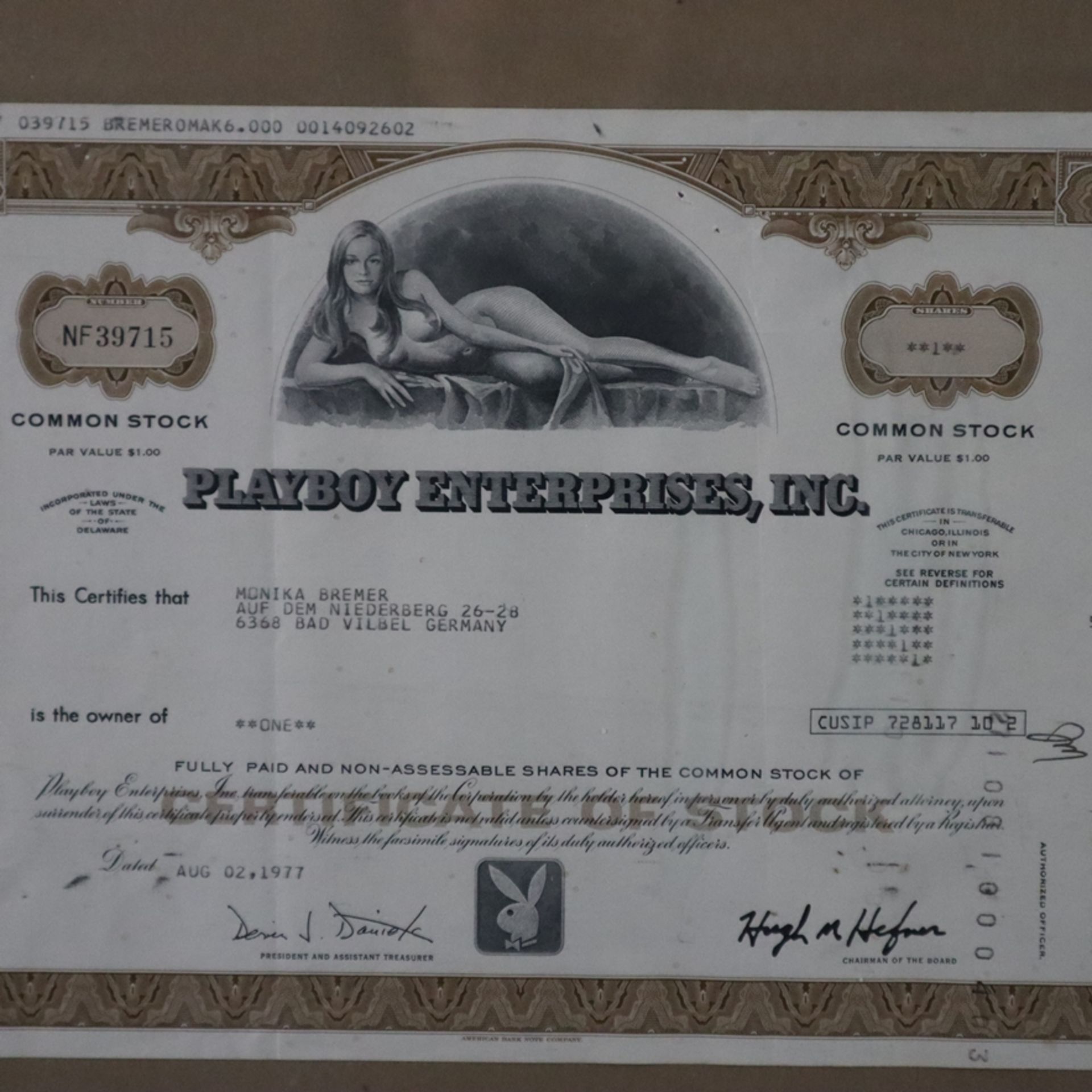 Wertpapier - Playboy Enterprises, Inc. No. NF 39715, datiert 1977, Common Stock, Par Value $1.00, m - Image 3 of 6