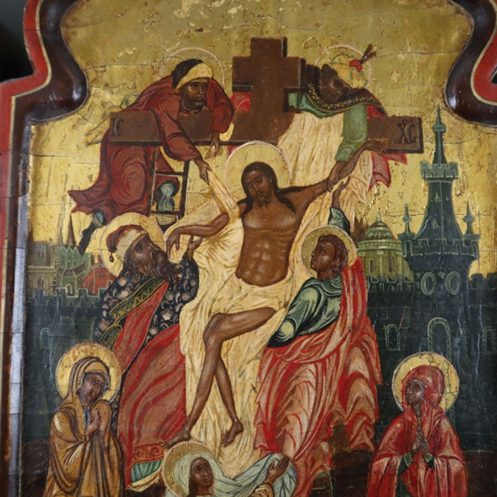 Reise-Triptychon mit Kreuzabnahme - Russland, 19. Jh., Temperamalerei mit Gold auf Holz, Mittelteil - Bild 3 aus 11