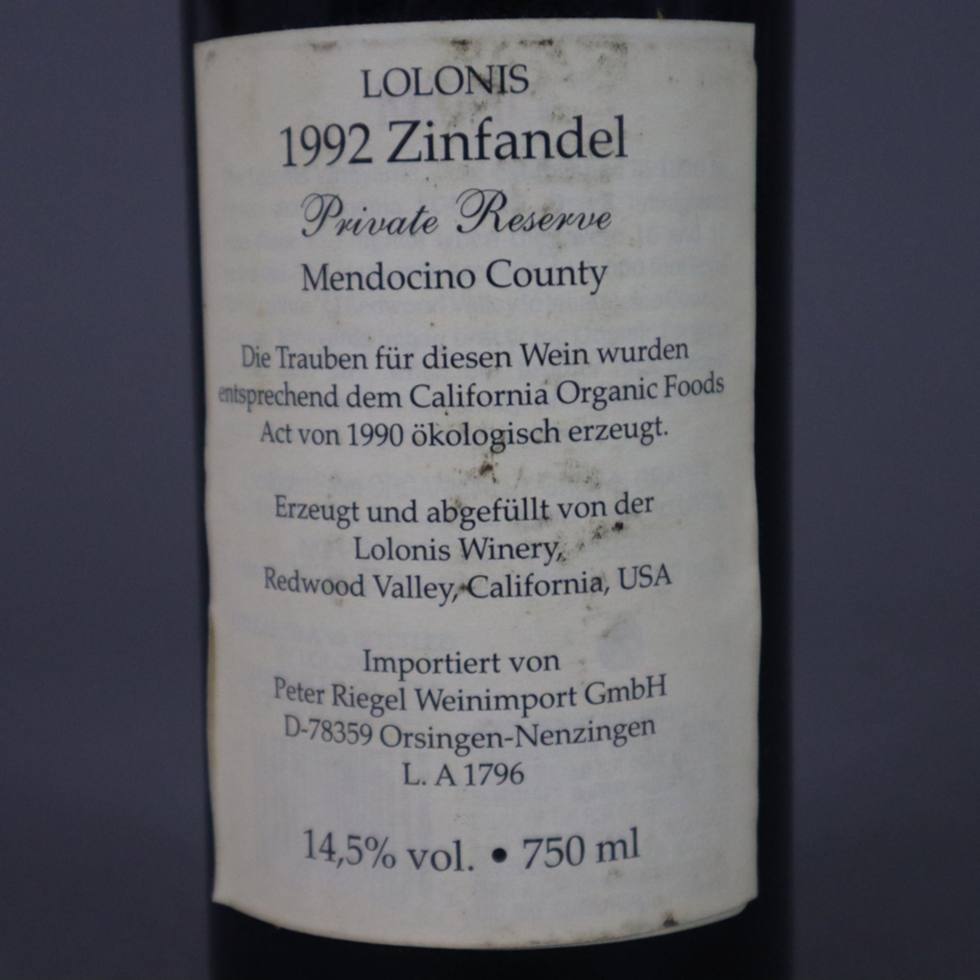 Wein - Lolonis 1992 Zinfandel, Private Reserve, Mendocino County, Lolonis Winery Redwood Valley, US - Image 4 of 4