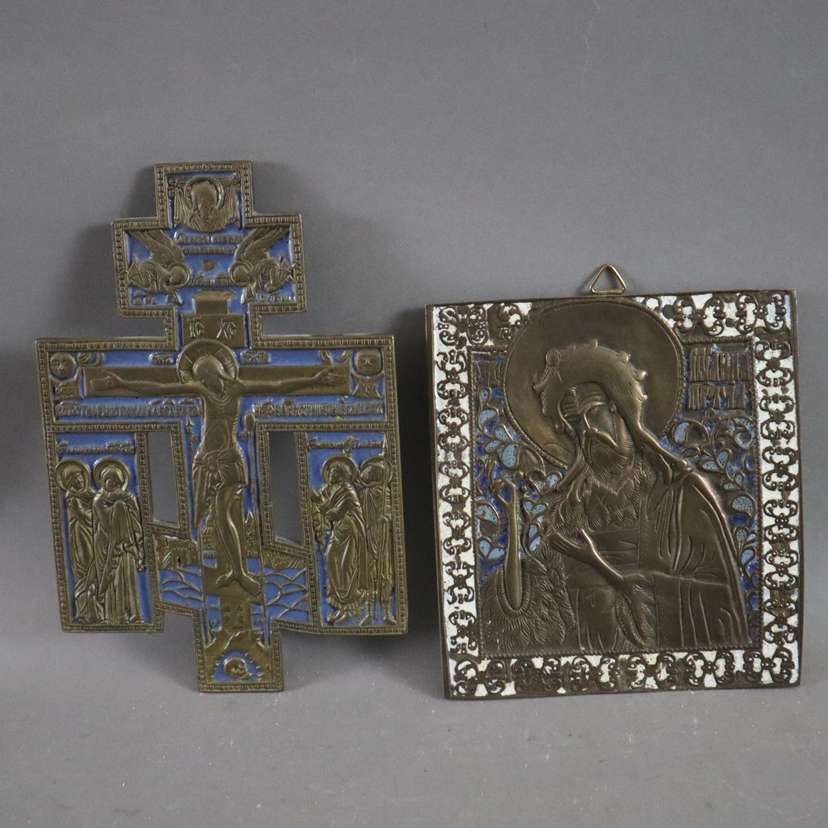 Zwei Reiseikonen - Russland, 19. Jh., Bronzelegierung, teils emailliert, 1x "Johannes der Täufer" r