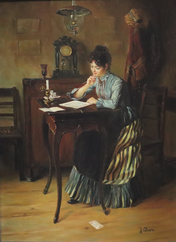 Alvera, J. (20.Jh.) - Stubeninterieur mit Dame am Schreibtisch, Öl auf Holz, unten rechts signiert