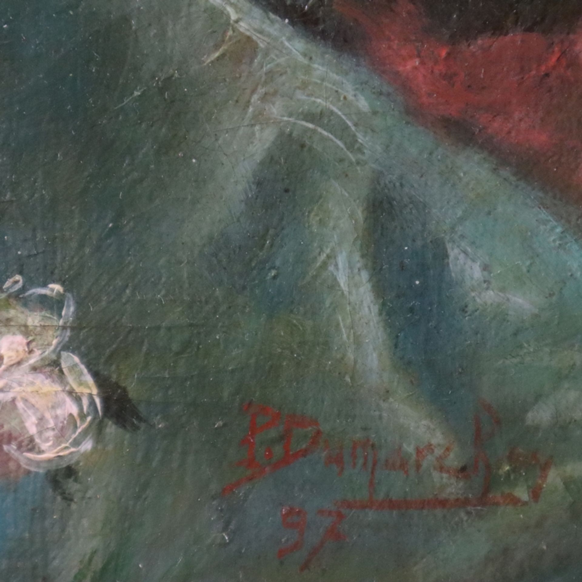 Dumarc Roy, P. -Ende 19.Jh.- Stillleben mit Geranientopf und Rosenblüten, Öl auf Leinwand, rechts u - Image 6 of 7