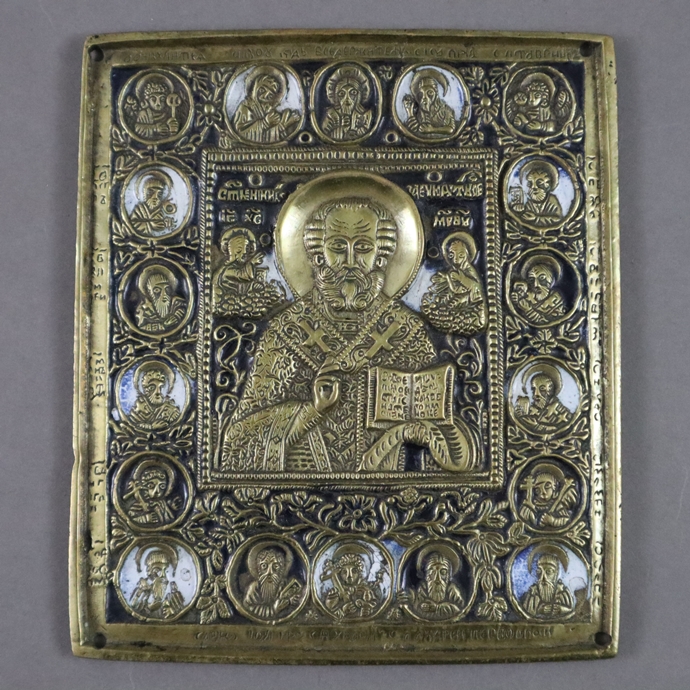 Reiseikone "Hl. Nikolaus" - Russland, 19.Jh., Bronzelegierung, blau-weiß emailliert, Bildfeld mit r