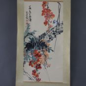 Chinesisches Rollbild -Chen Jianrong (Taiwan)- Blühende Zweige mit Singvogel, Tusche und Farben auf