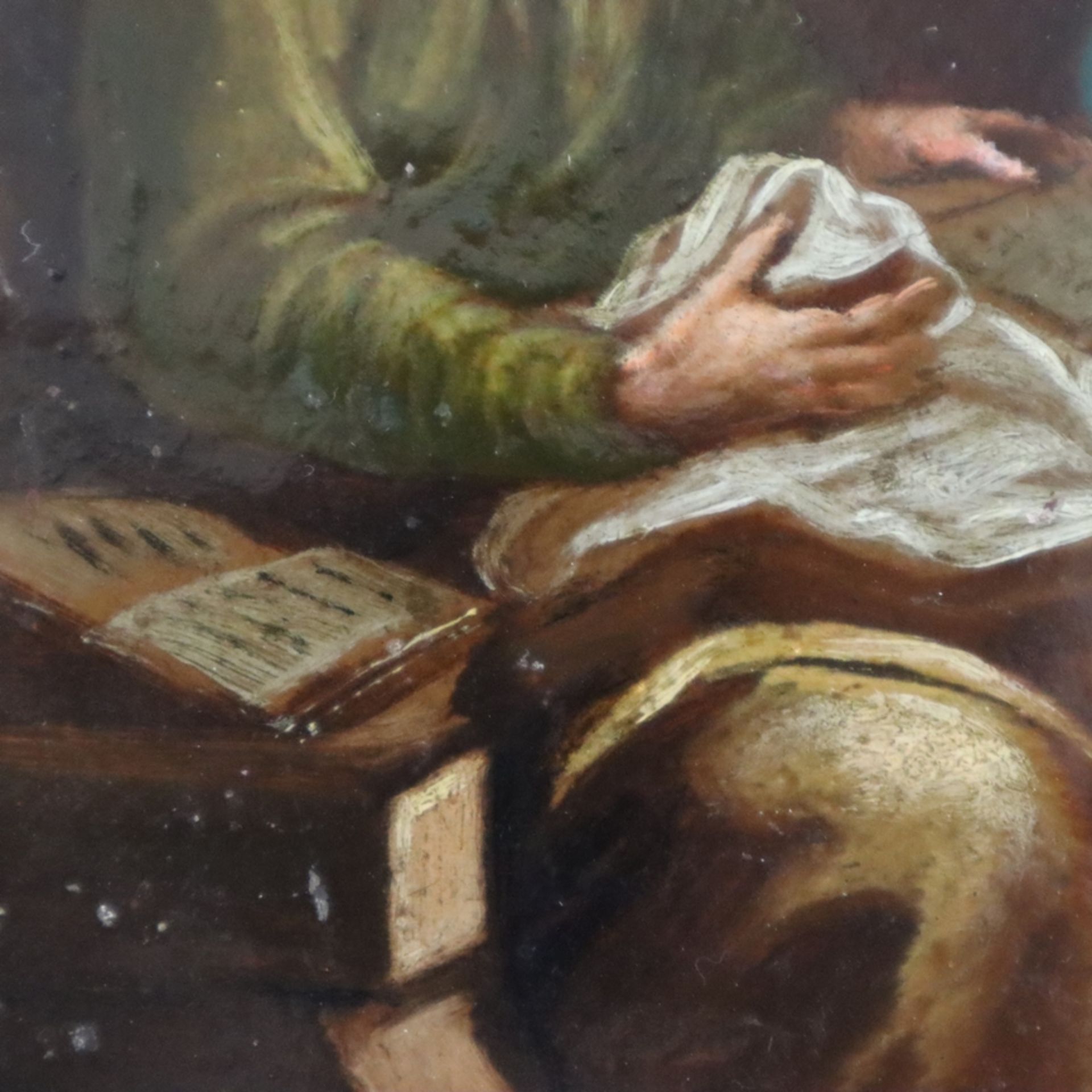 Miniaturgemälde "Anna lehrt Maria das Lesen" - wohl 19. Jh. oder früher- Öl auf Kupferplatte, unsig - Bild 7 aus 8