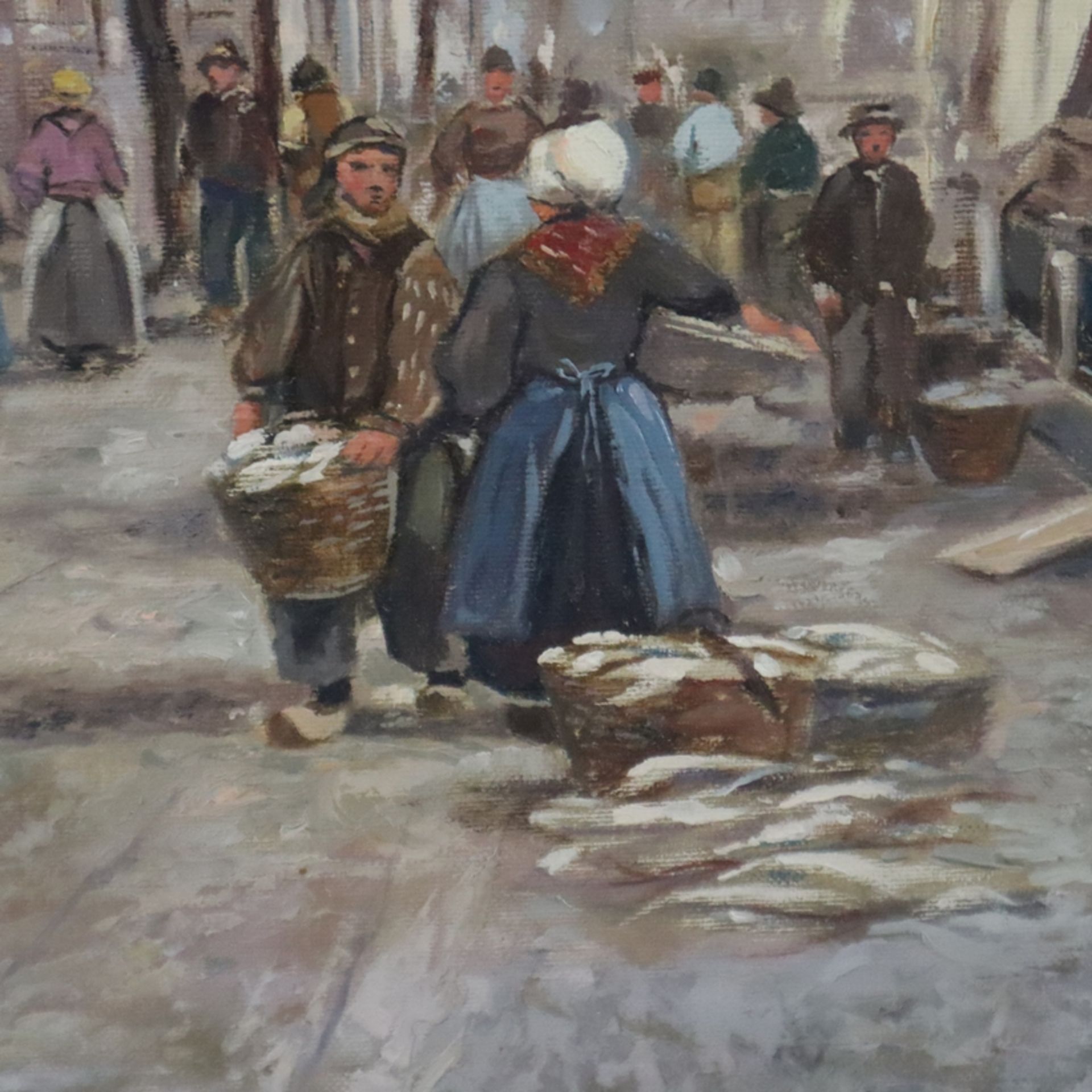 Wagner, O. - 2.Hälfte 20.Jh.- Amsterdamer Hafenszene mit Fischmarkt, Öl auf Leinwand, rechts unten  - Bild 4 aus 11