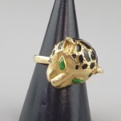Vintage-Ring - Ringkopf in Form eines Pantherkopfes, Metall vergoldet mit schwarzen Emailflecken, g