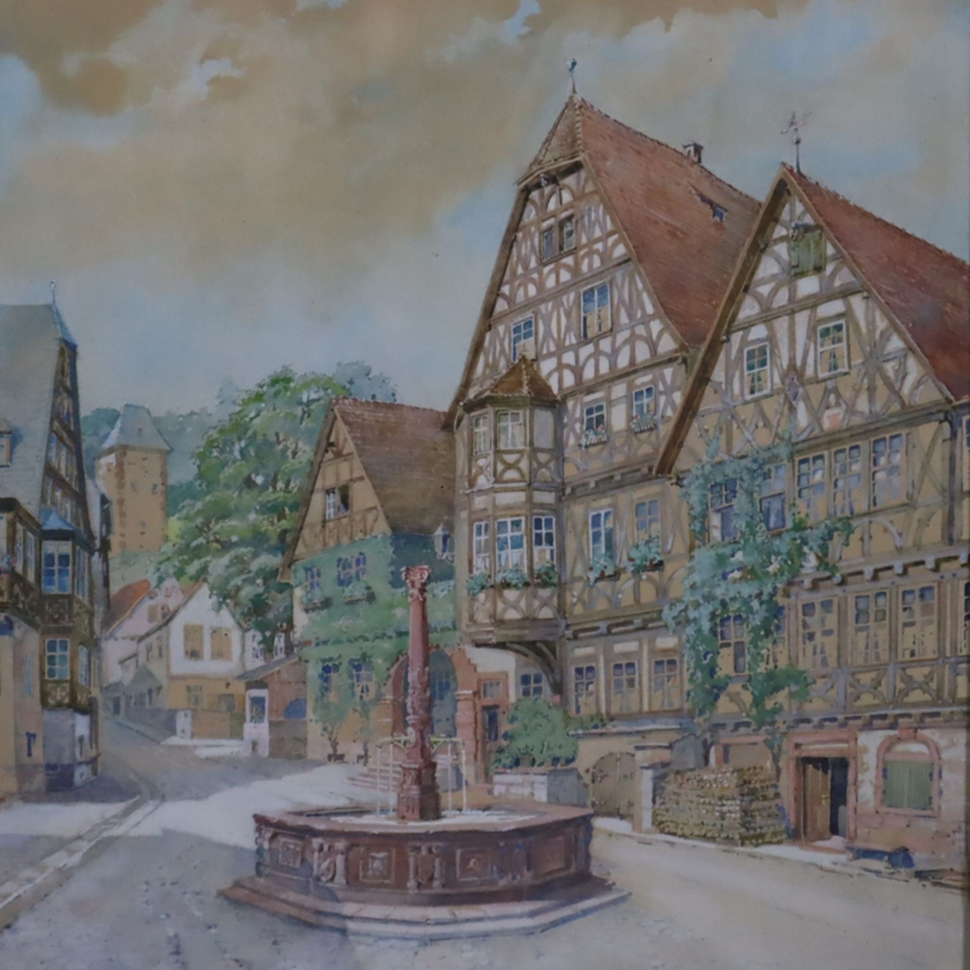 Hintze, H. (20.Jh.) - "Miltenberg", Ansicht von dem alten Marktplatz in Miltenberg, Aquarell auf Pa - Image 2 of 8