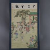 Chinesisches Rollbild - Hofdamen am Gartenpavillon, Tusche und leichte Farben auf Seidengewebe, lin