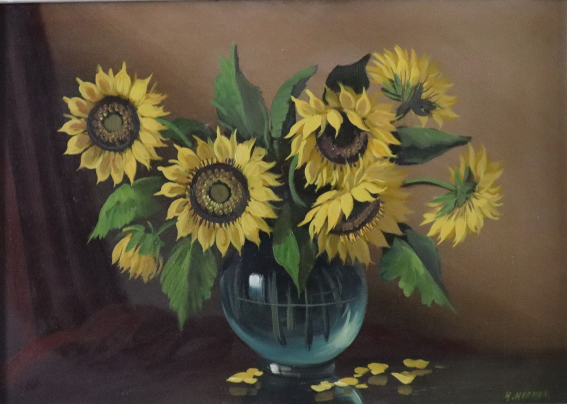 Hofman, H. - Sonnenblumen in Glasvase, Öl auf Leinwand, rechts unten signiert, ca. 50 x 70 cm, mit 