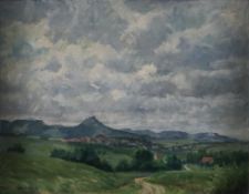 Unbekannte/r Künstler/in (20.Jh.) - Ansicht von Hechingen mit Burg Hohenzollern, 1940, Öl auf Platt