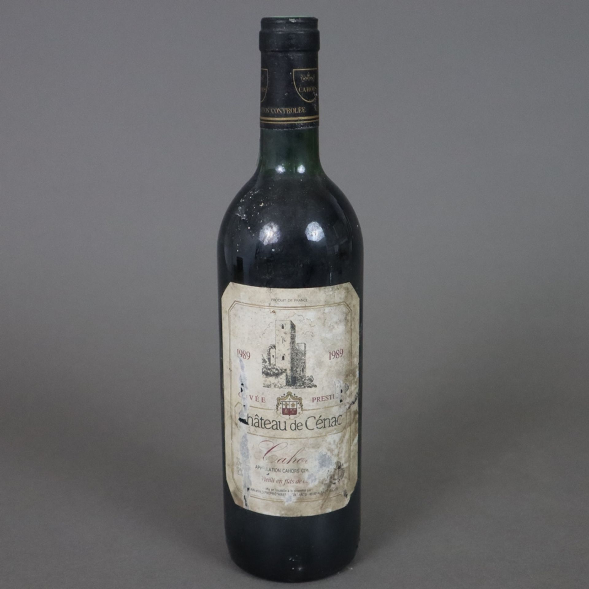 Wein - 1989 Château de Cénac, Cahors, France, 0,7 L, Flasche verschmutzt, Etikett stark beschädigt