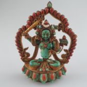 Figur des Manjushri (Bodhisattva der Gelehrsamkeit) - tibetisch, 20. Jh., Silber-Kupfer-Legierung, 